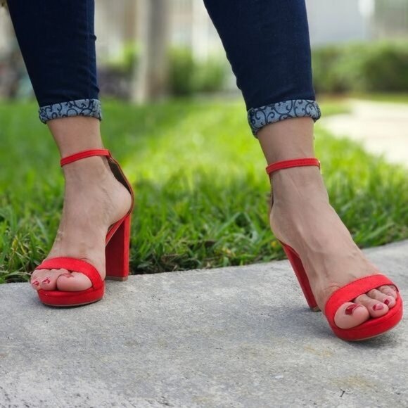 Women's Suede Ankle Strap Block Heel Dress Sandals Red Color - Picture 1 of 5